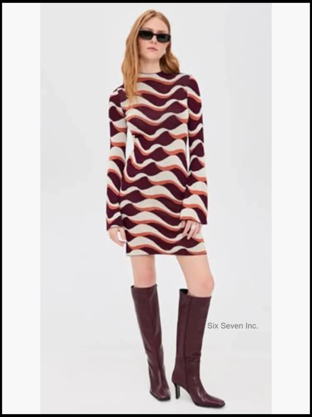 Lightweight Jacquit Knit Dress with Flared Cuffs and Mock Neck - Picture 5 of 6